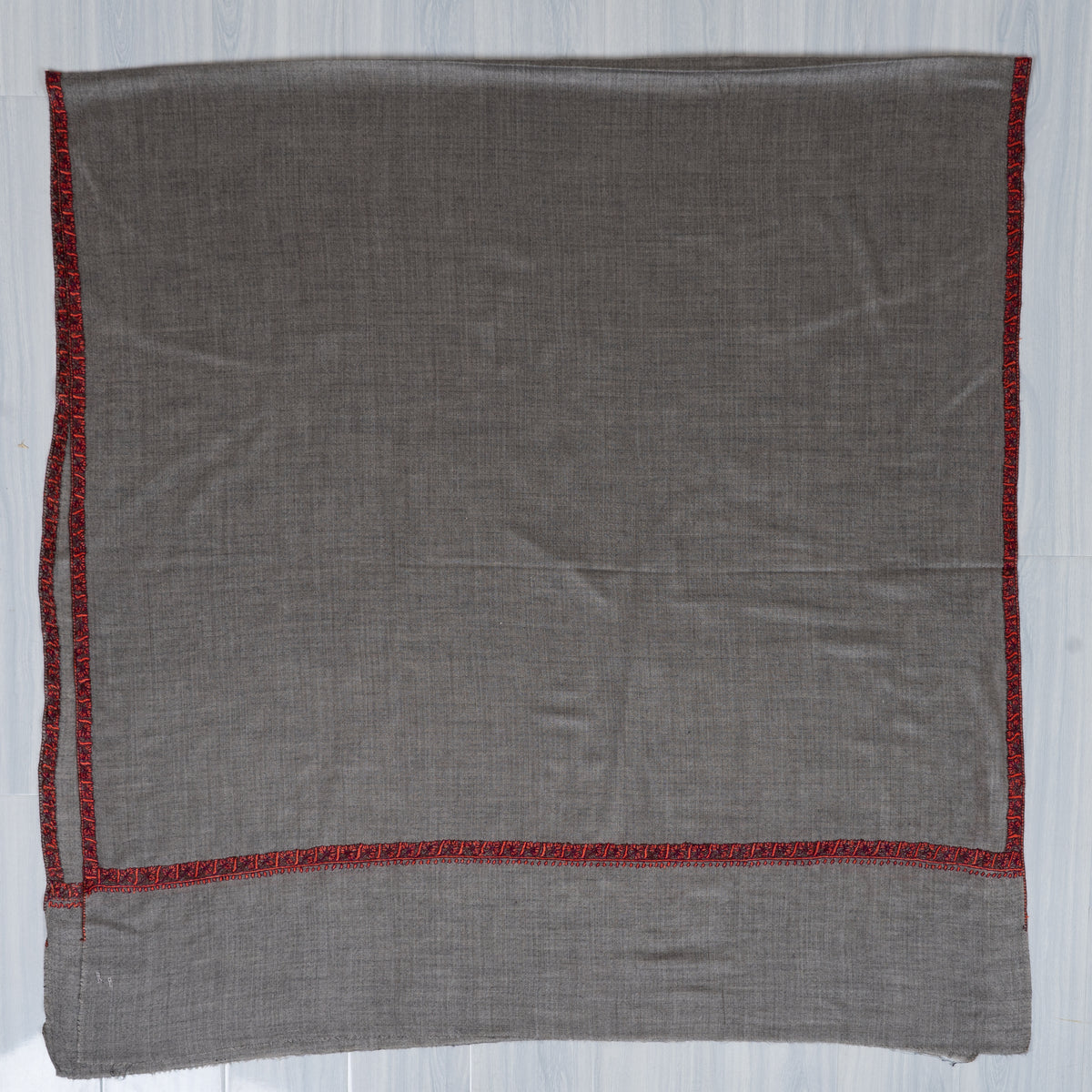Steel Grey Crimson Edge: Merino Wool Hand Embroidered 2.5 Yards Shawl