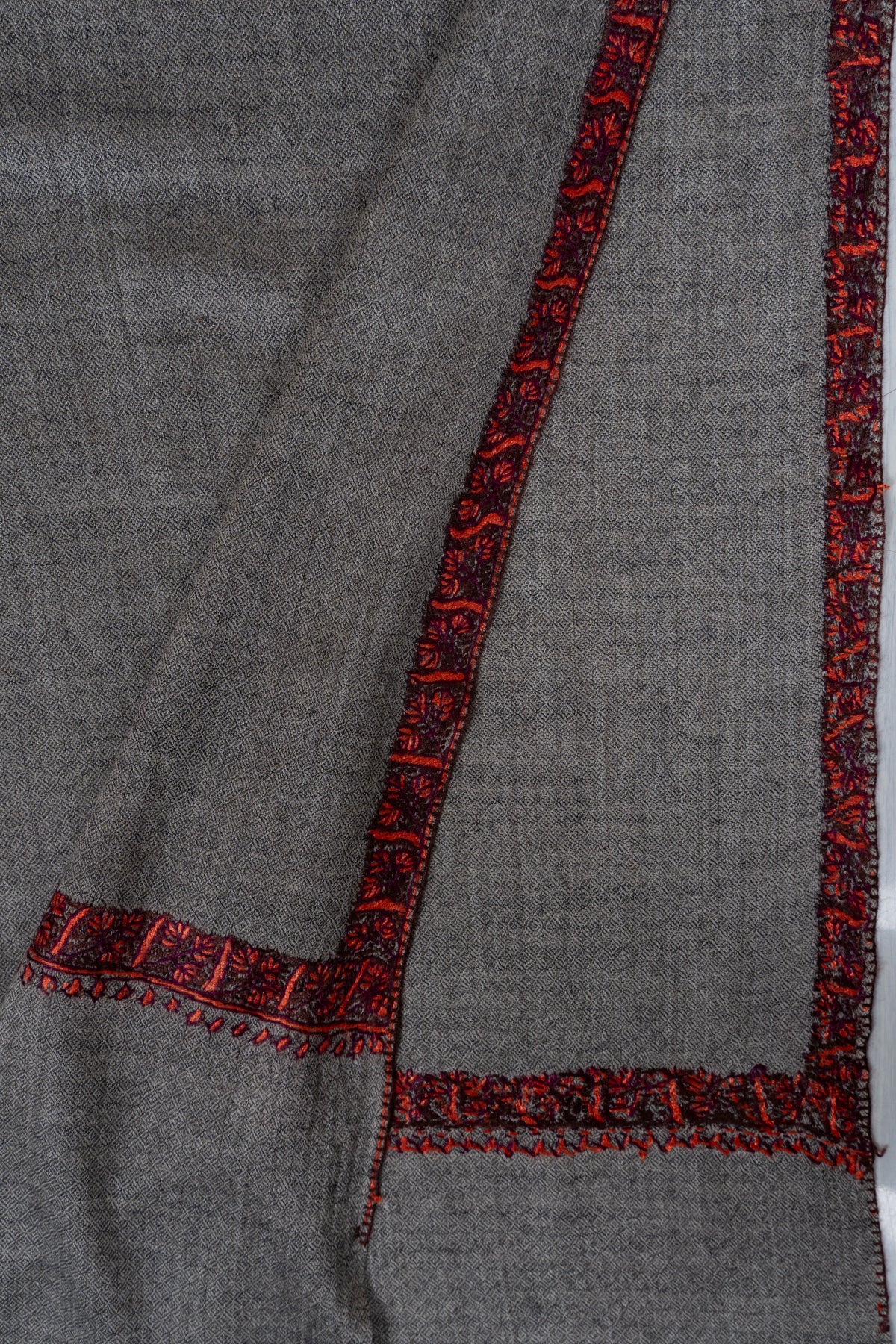 Steel Grey Crimson Edge: Merino Wool Hand Embroidered 2.5 Yards Shawl