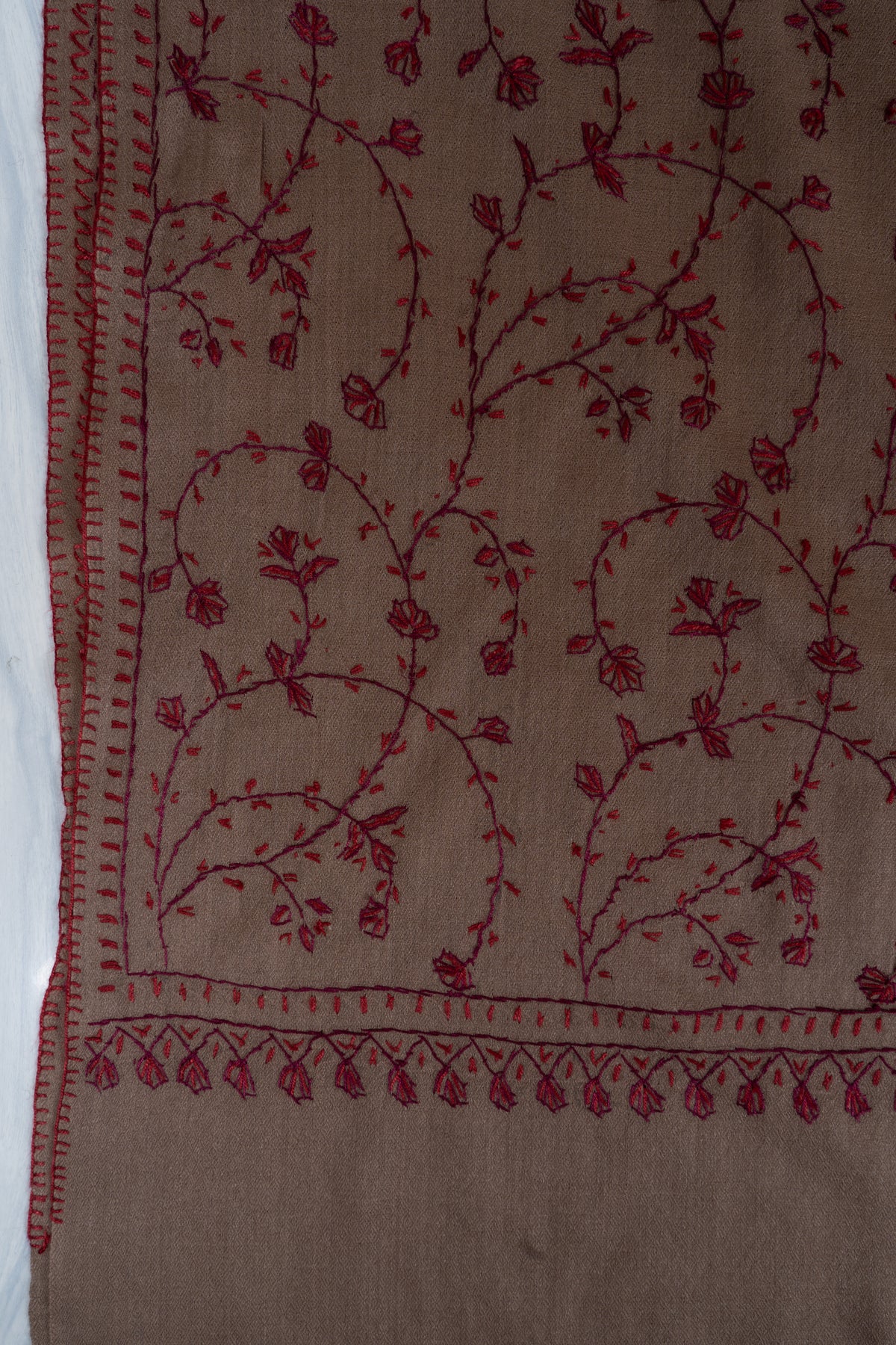 Cocoa Wine Floral Veil: Merino Wool Hand Embroidered 2.5 Yards Shawl