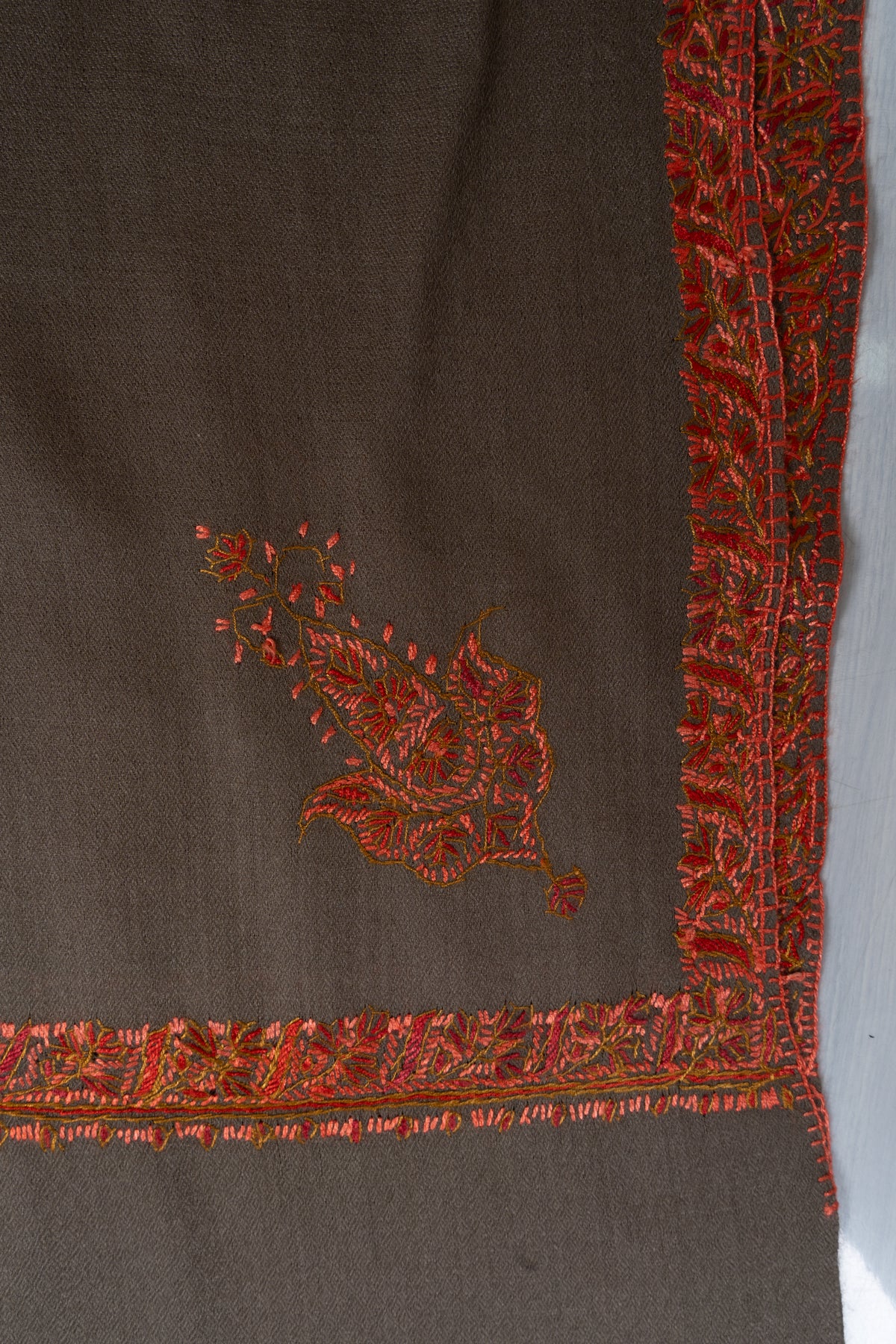 Mocha Ember Minimal Edge: Merino Wool Hand Embroidered 2.5 Yards Shawl