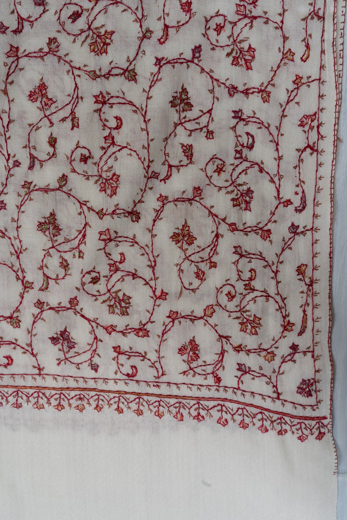 Ivory Rouge Floral Mesh: Merino Wool Hand Embroidered 2.5 Yards Shawl