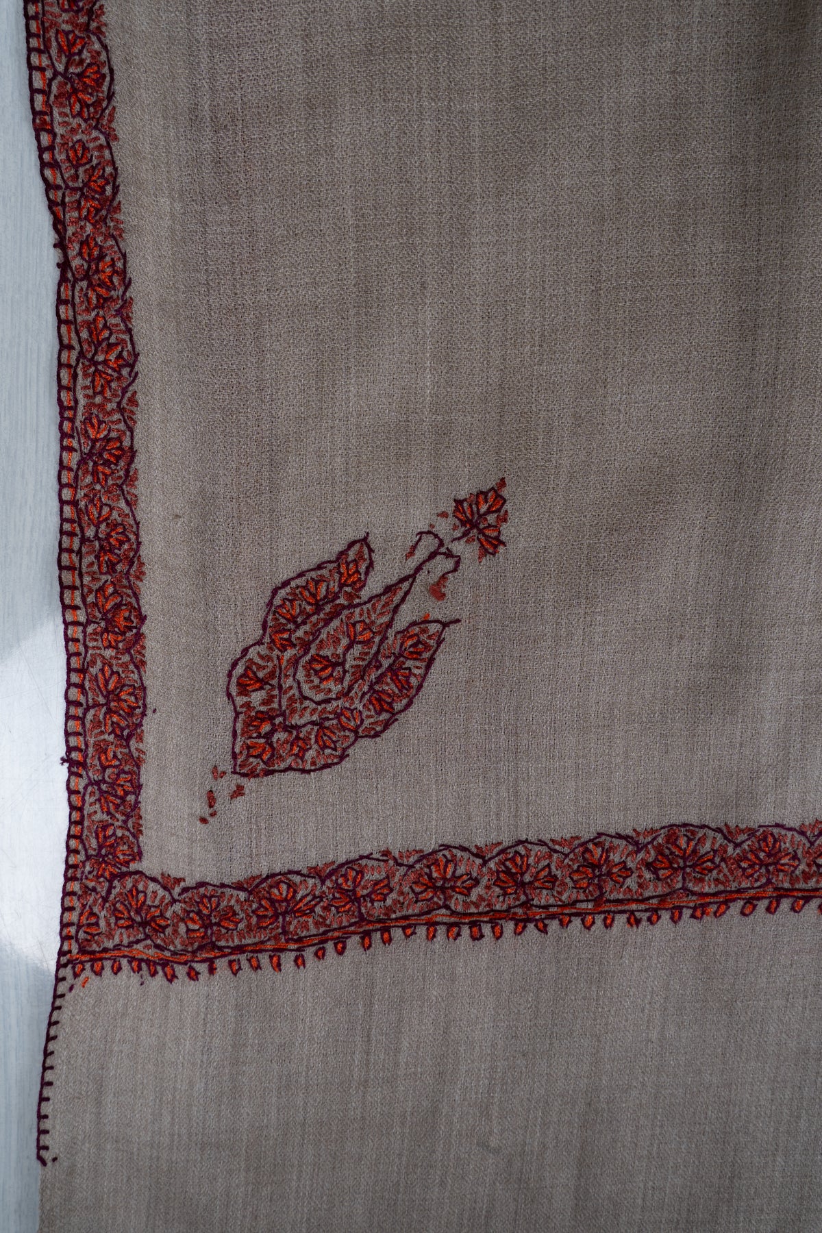 Sand Rust Borderline Grace: Merino Wool Hand Embroidered 2.5 Yards Shawl