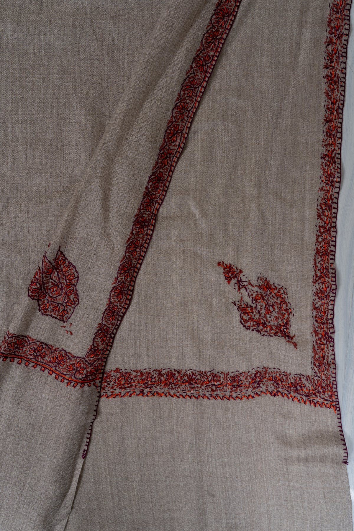 Sand Rust Borderline Grace: Merino Wool Hand Embroidered 2.5 Yards Shawl