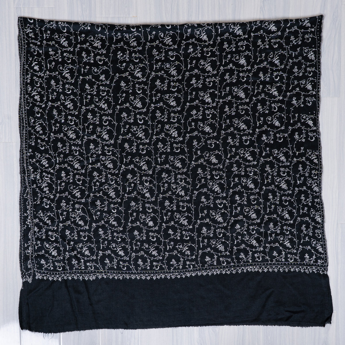 Midnight Ivory Floral Weave: Merino Wool Hand Embroidered 2.5 Yards Shawl