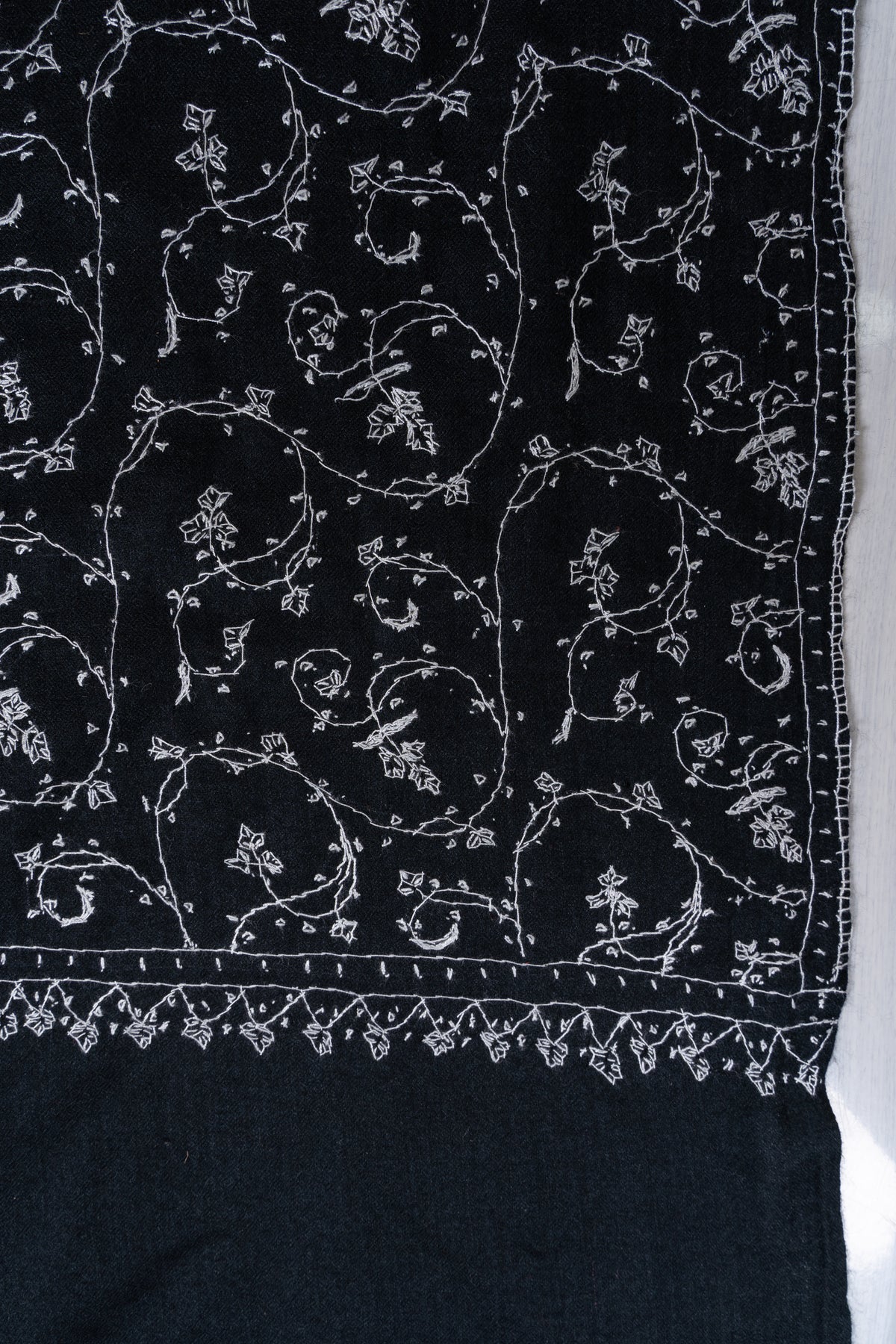 Midnight Ivory Floral Weave: Merino Wool Hand Embroidered 2.5 Yards Shawl