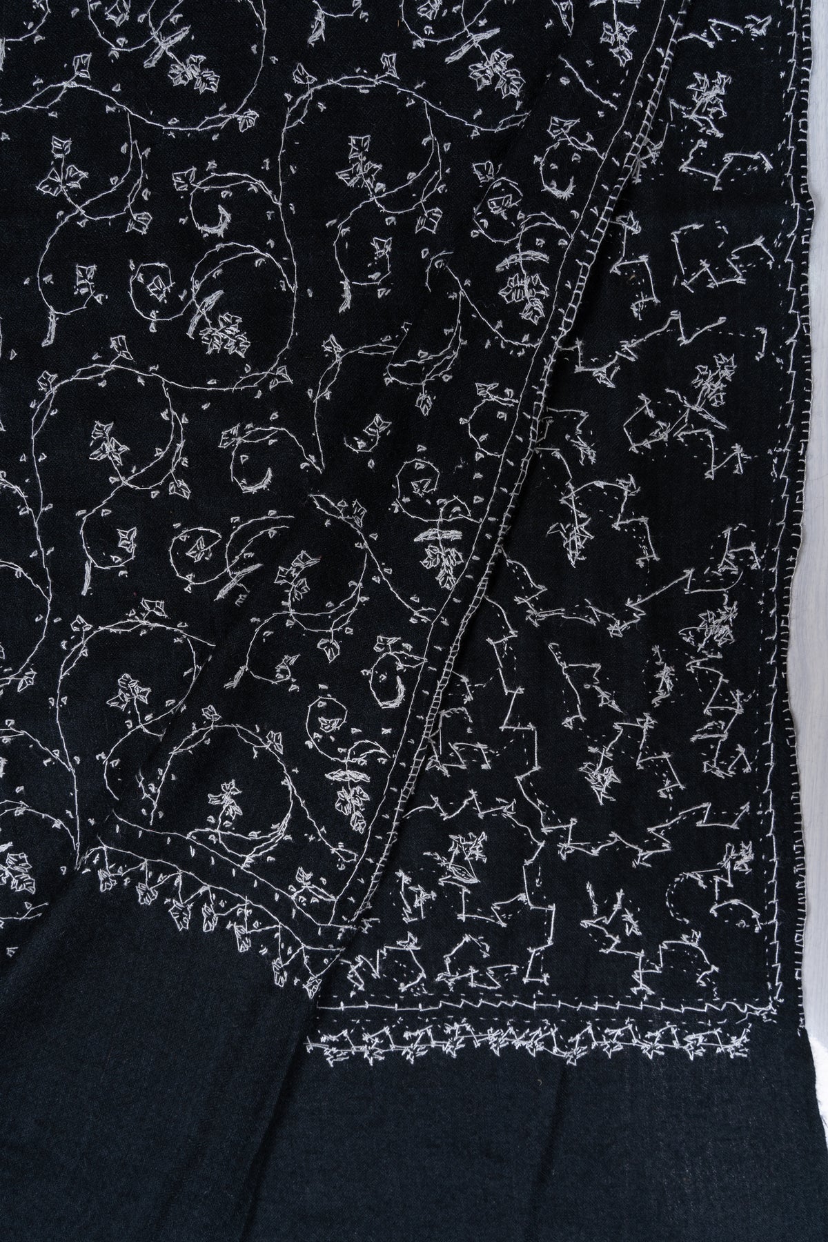 Midnight Ivory Floral Weave: Merino Wool Hand Embroidered 2.5 Yards Shawl