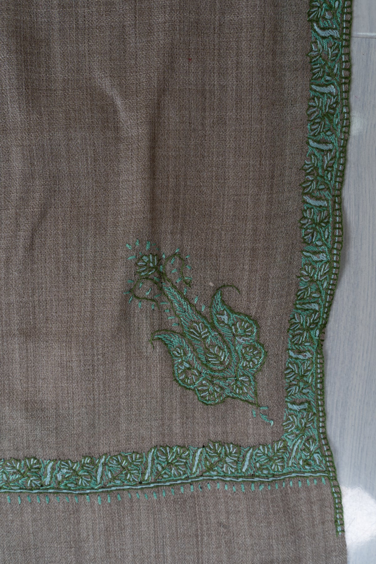 Stone Teal Minimal Edge: Merino Wool Hand Embroidered 2.5 Yards Shawl