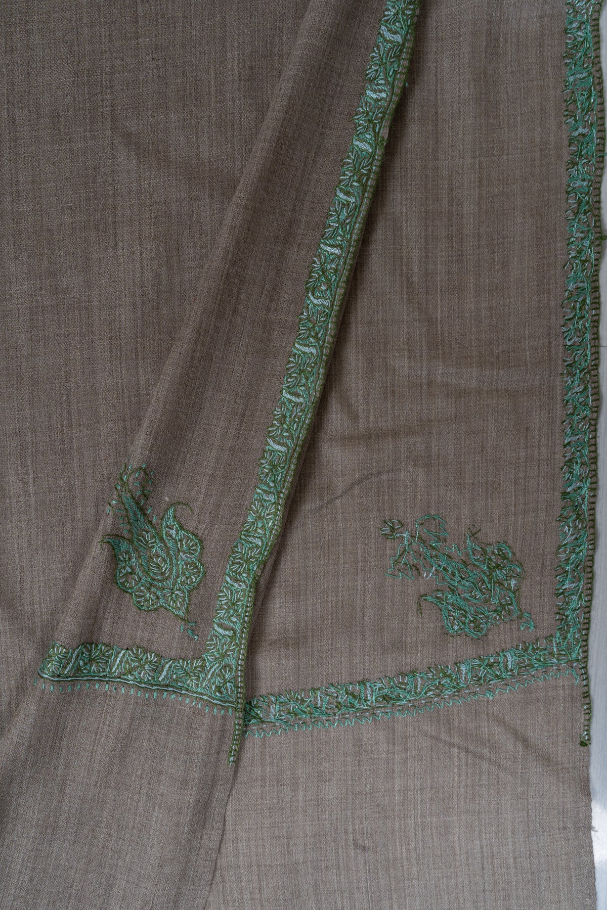 Stone Teal Minimal Edge: Merino Wool Hand Embroidered 2.5 Yards Shawl