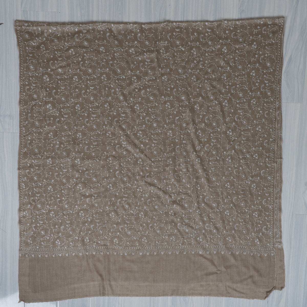 Taupe Ivory Floral Mist: Merino Wool Hand Embroidered 2.5 Yards Shawl