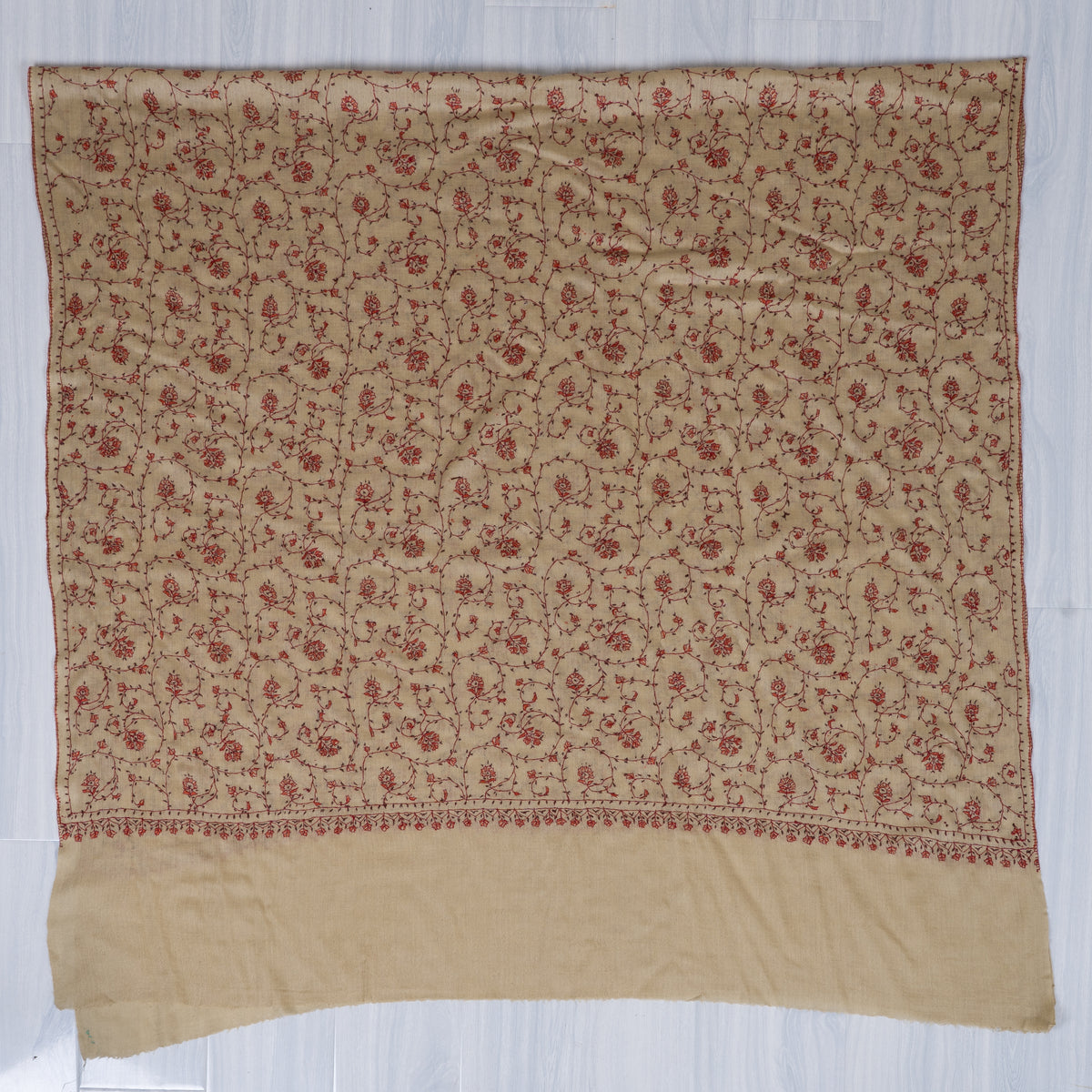 Cream Crimson Floral Lattice: Merino Wool Hand Embroidered