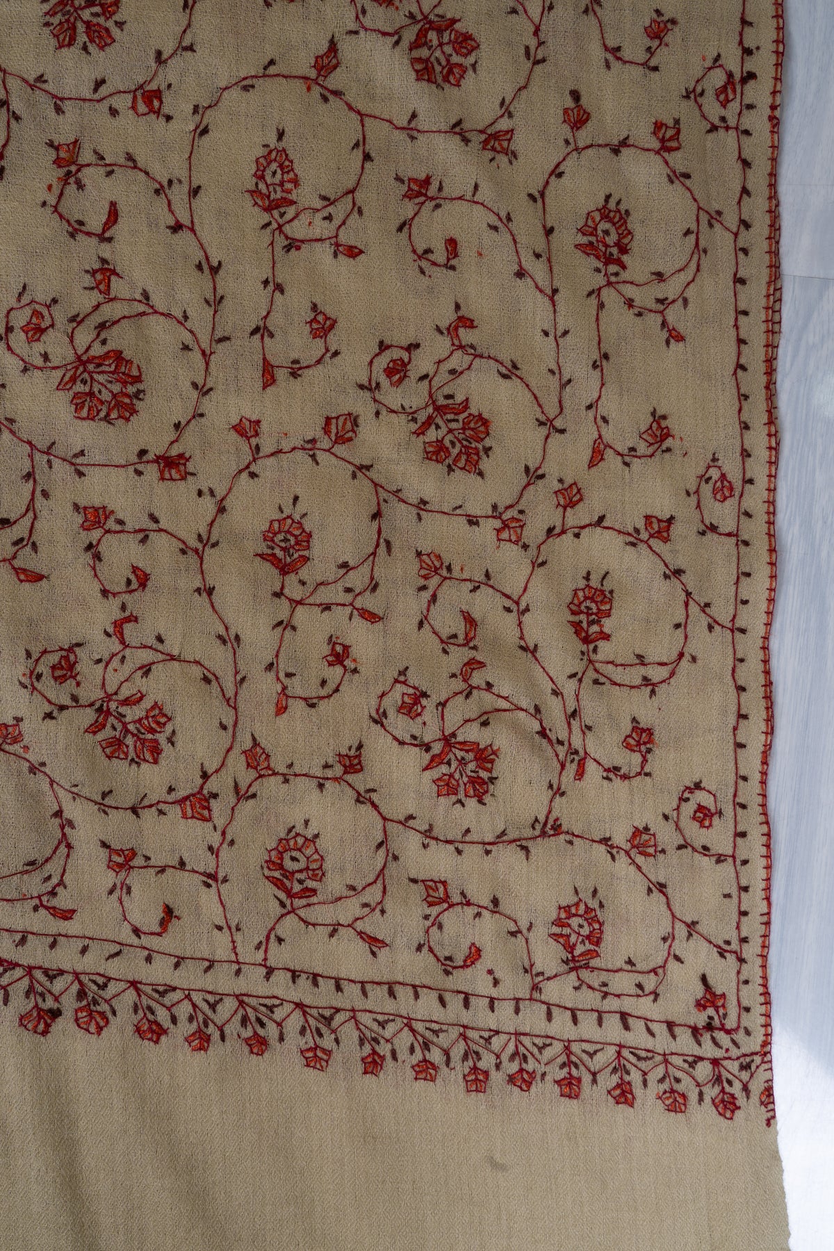 Cream Crimson Floral Lattice: Merino Wool Hand Embroidered