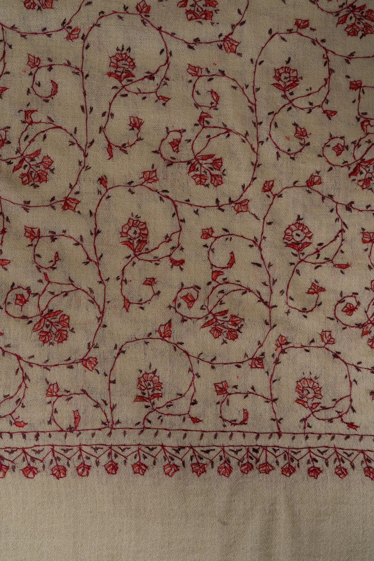 Cream Crimson Floral Lattice: Merino Wool Hand Embroidered