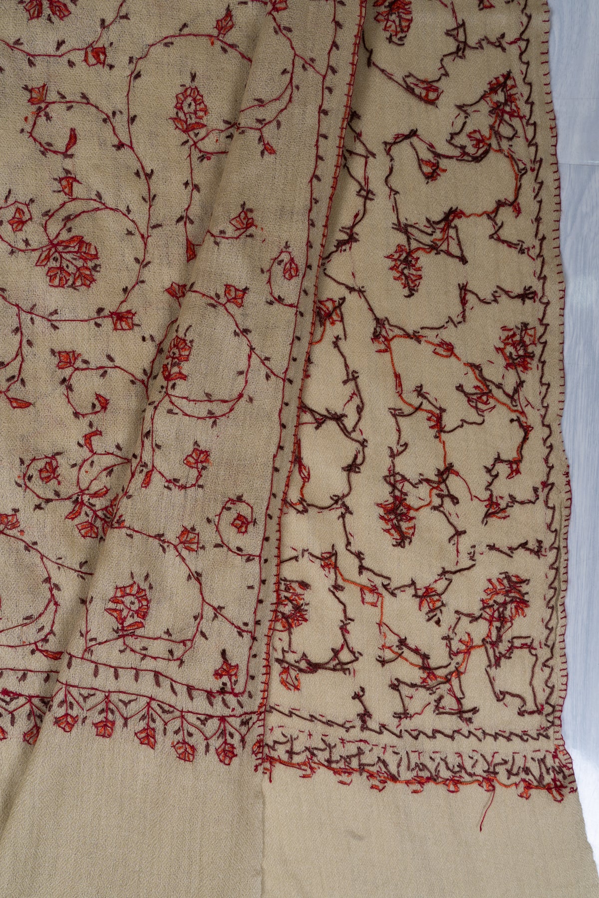 Cream Crimson Floral Lattice: Merino Wool Hand Embroidered