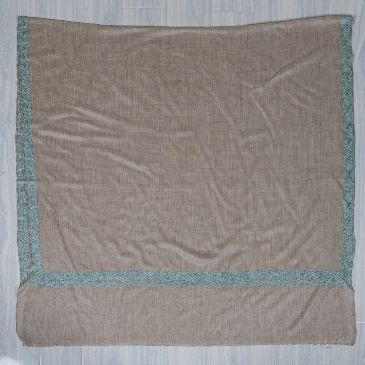 Sand Taupe Mint Edge: Merino Wool Hand Embroidered 2.5 Yards Shawl