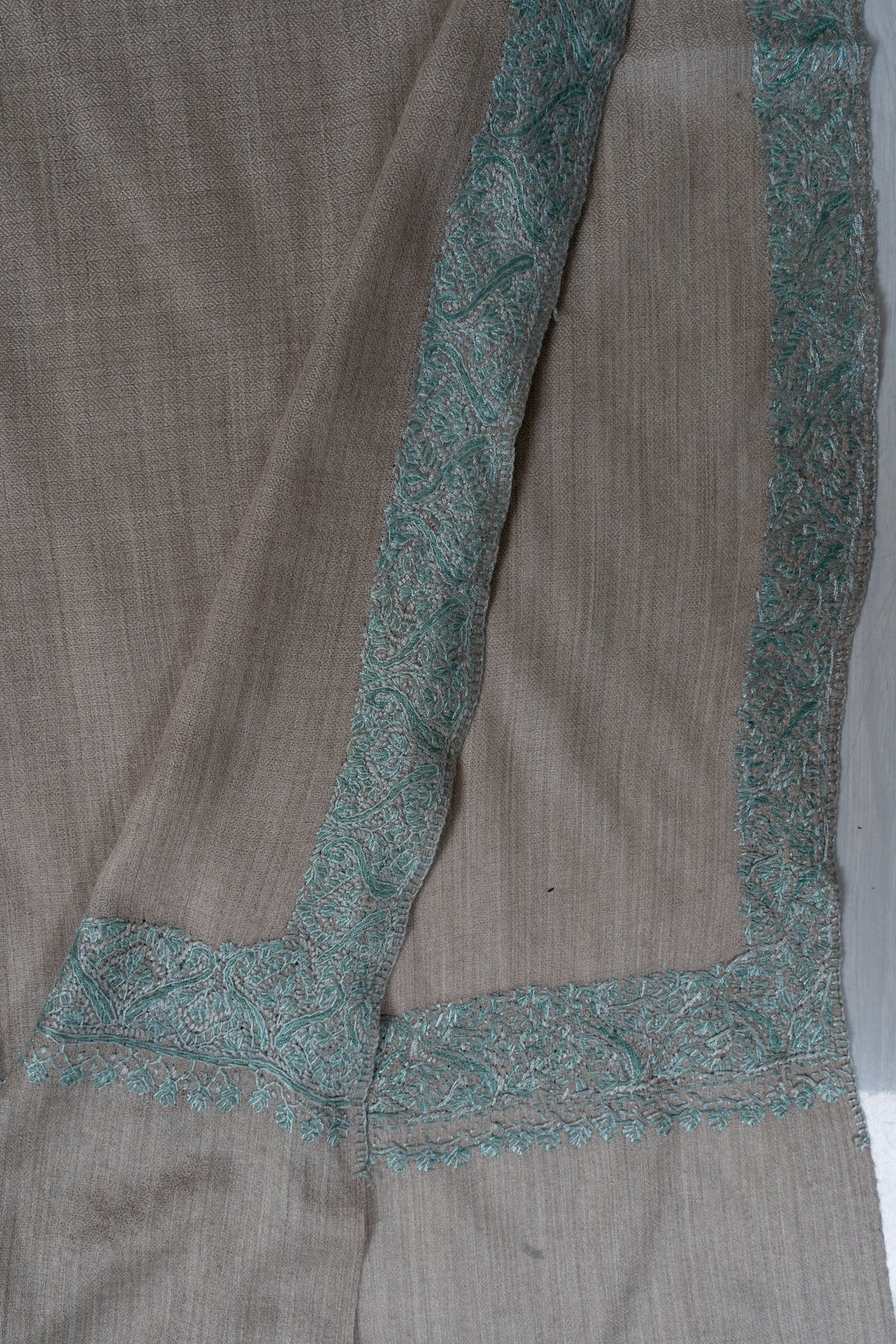 Sand Taupe Mint Edge: Merino Wool Hand Embroidered 2.5 Yards Shawl