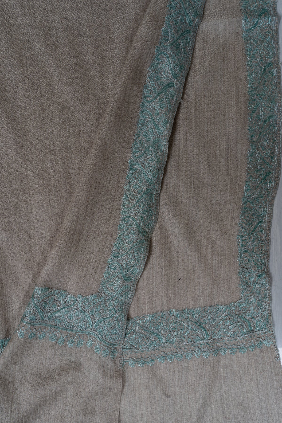 Sand Taupe Mint Edge: Merino Wool Hand Embroidered 2.5 Yards Shawl