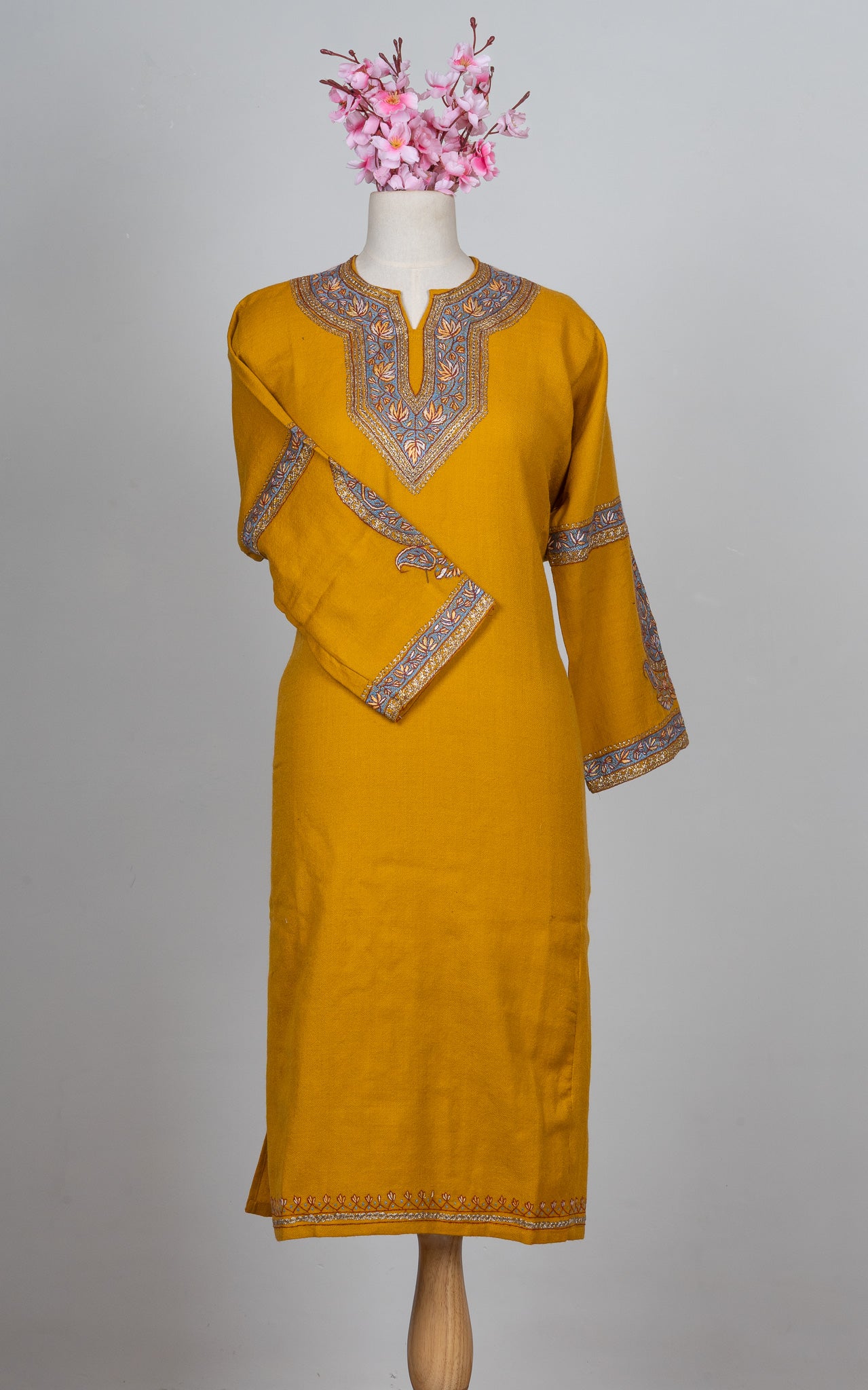 Saffron Azure Sozni Hand Embroidered Pheran