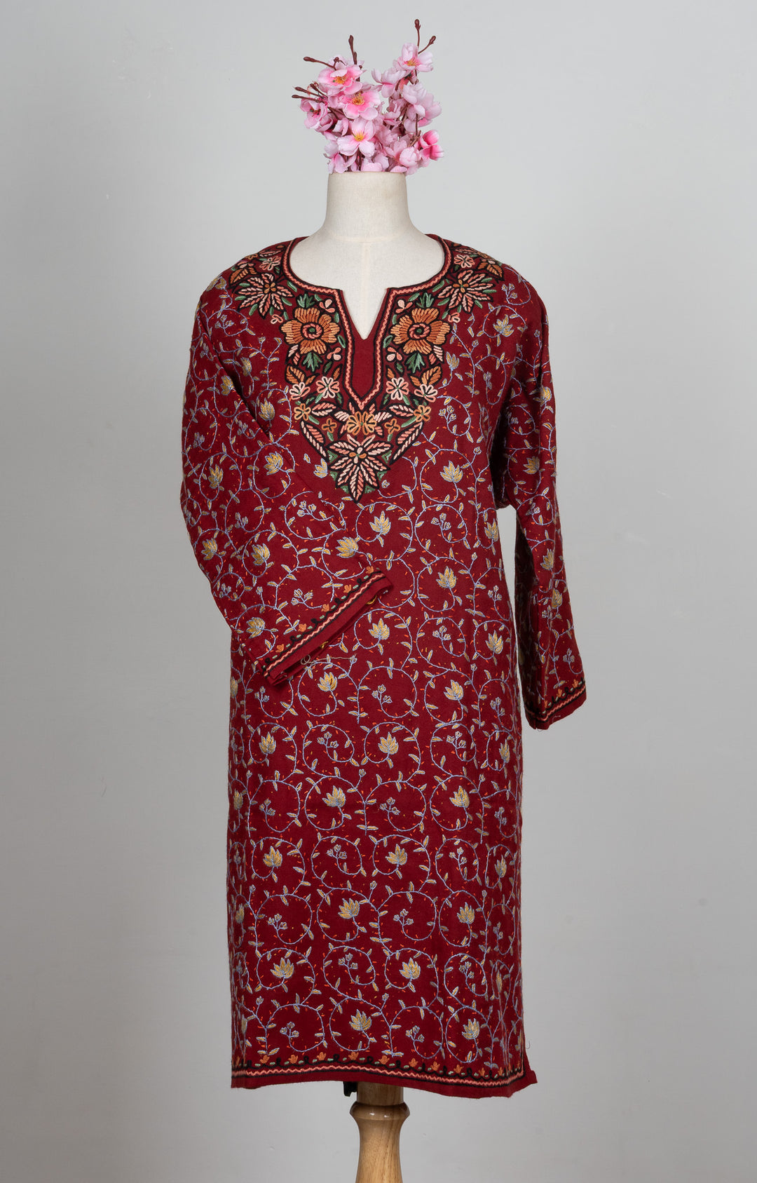 chinese dress ladies Bubblegum Pink Aari Cotton Kashmiri Long Kaftan Dress