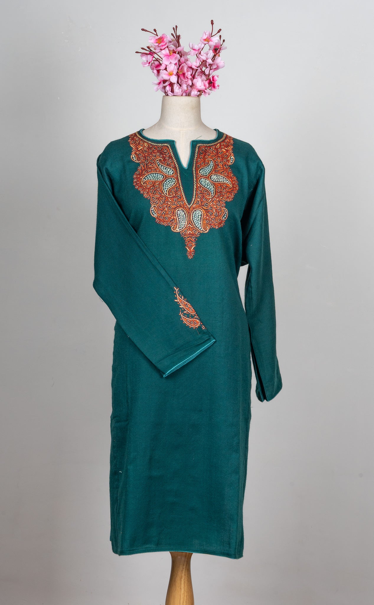 Deep Teal Crest Sozni Hand Embroidered Pheran
