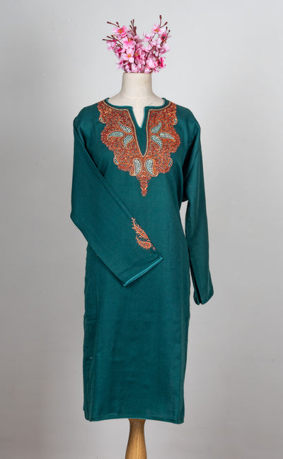 Deep Teal Crest Sozni Hand Embroidered Pheran