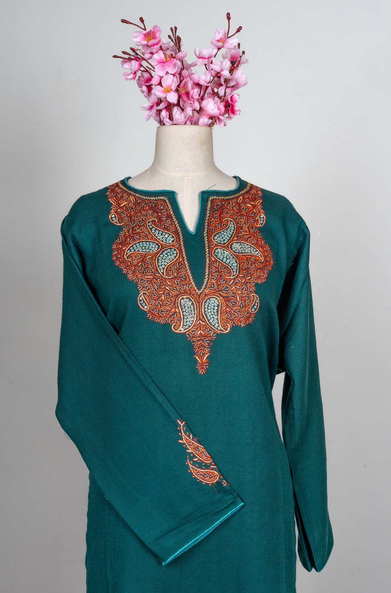 Deep Teal Crest Sozni Hand Embroidered Pheran