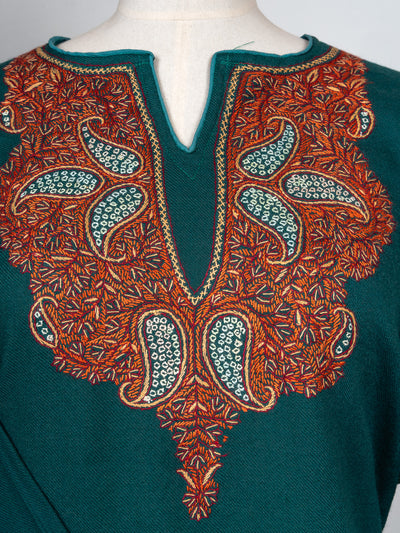 Deep Teal Crest Sozni Hand Embroidered Pheran