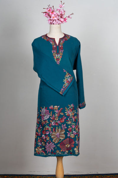Teal Garden Sozni Hand Embroidered Pheran