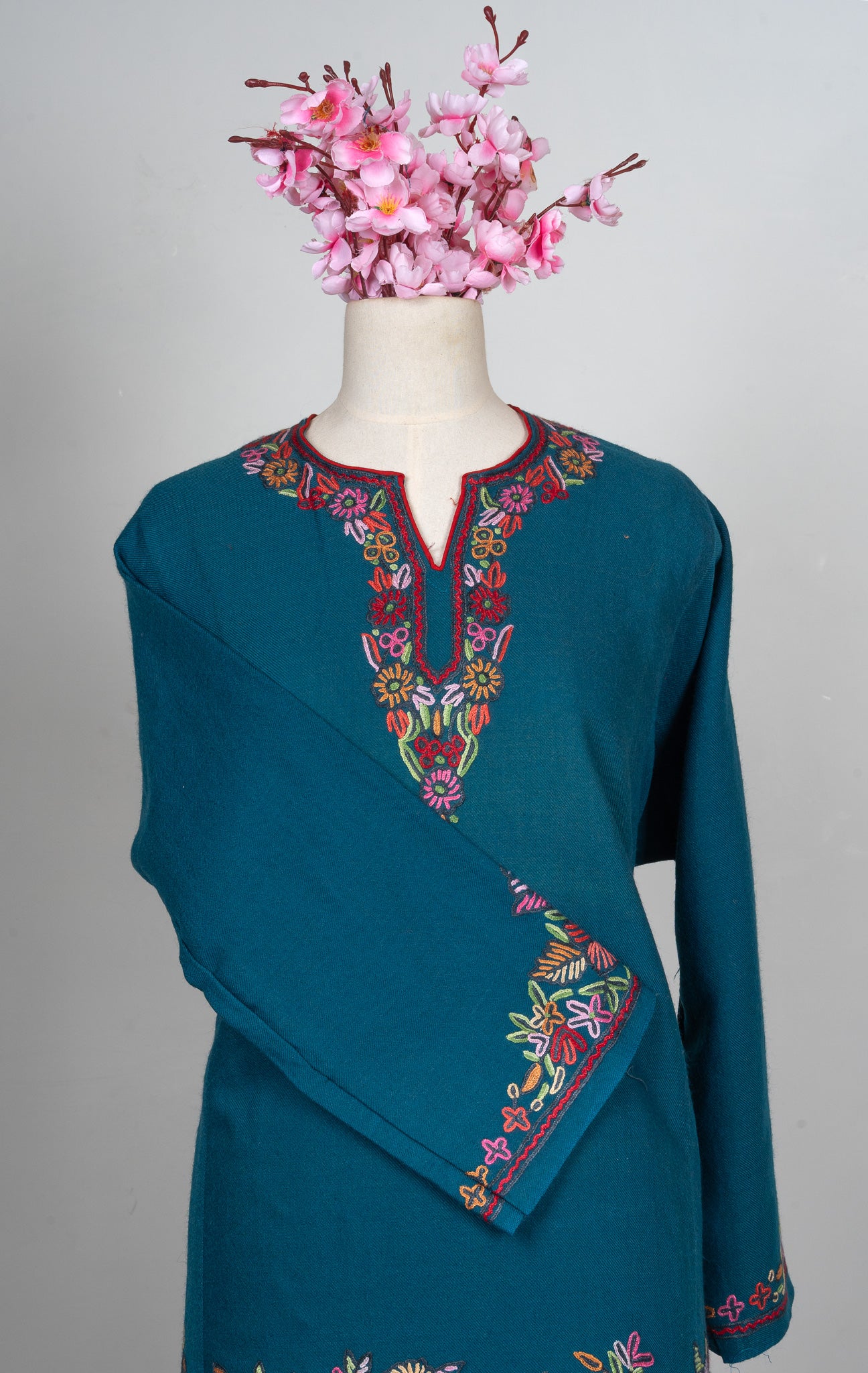 Teal Garden Sozni Hand Embroidered Pheran