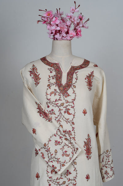 Ivory Vine Sozni Hand Embroidered Pheran