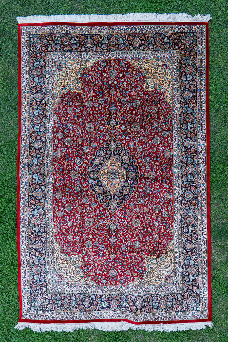 7ft x 5ft: Crimson Royal Bloom: Hand Knotted Mulberry silk on silk Kashmiri Carpet