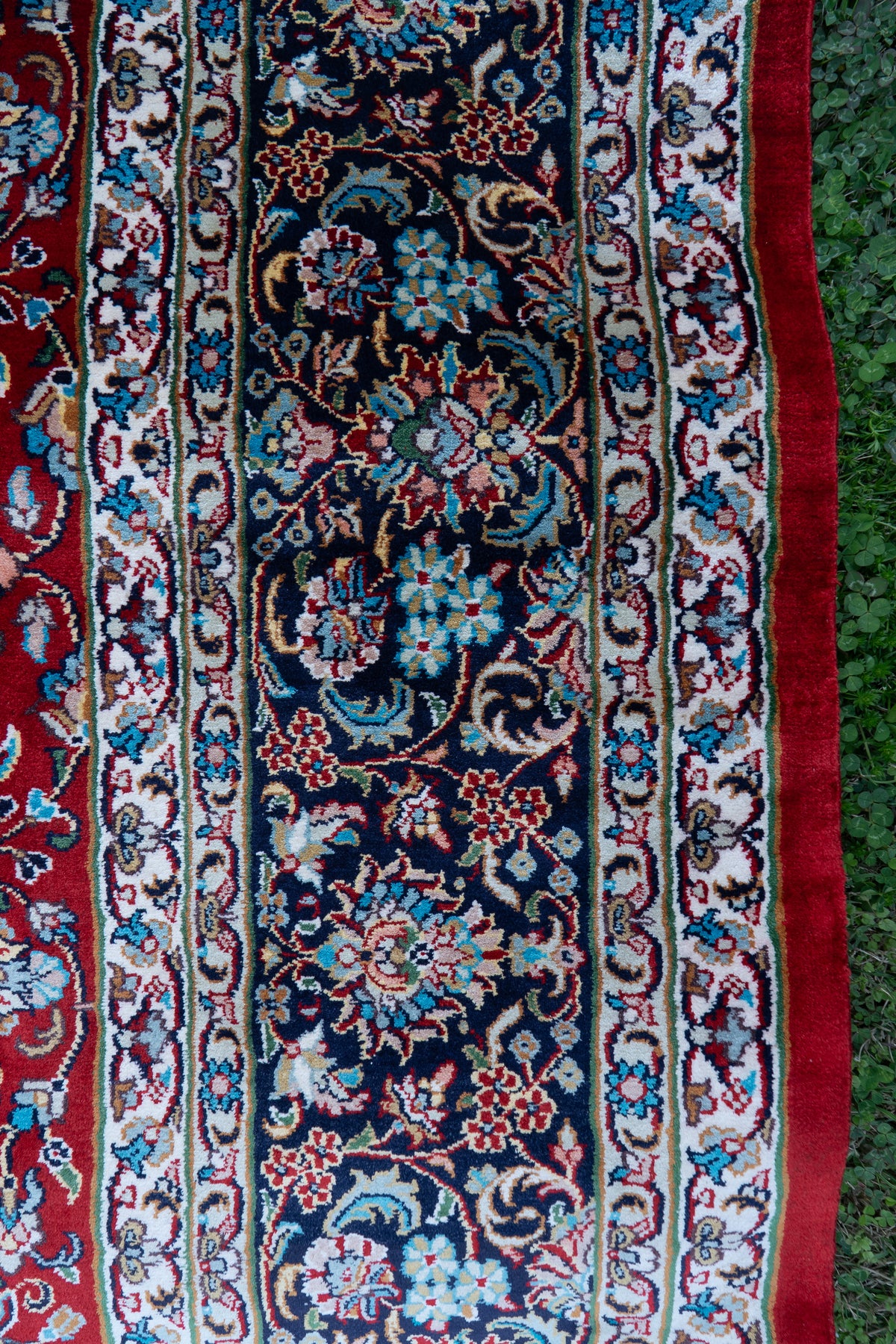 7ft x 5ft: Crimson Royal Bloom: Hand Knotted Mulberry silk on silk Kashmiri Carpet