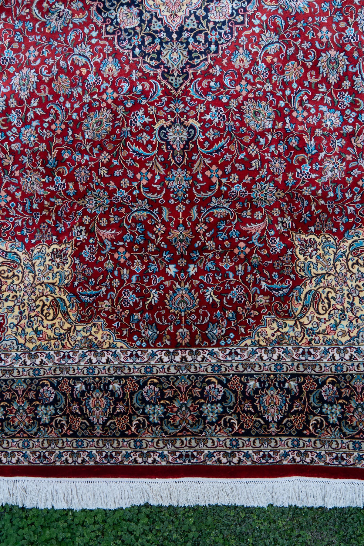7ft x 5ft: Crimson Royal Bloom: Hand Knotted Mulberry silk on silk Kashmiri Carpet