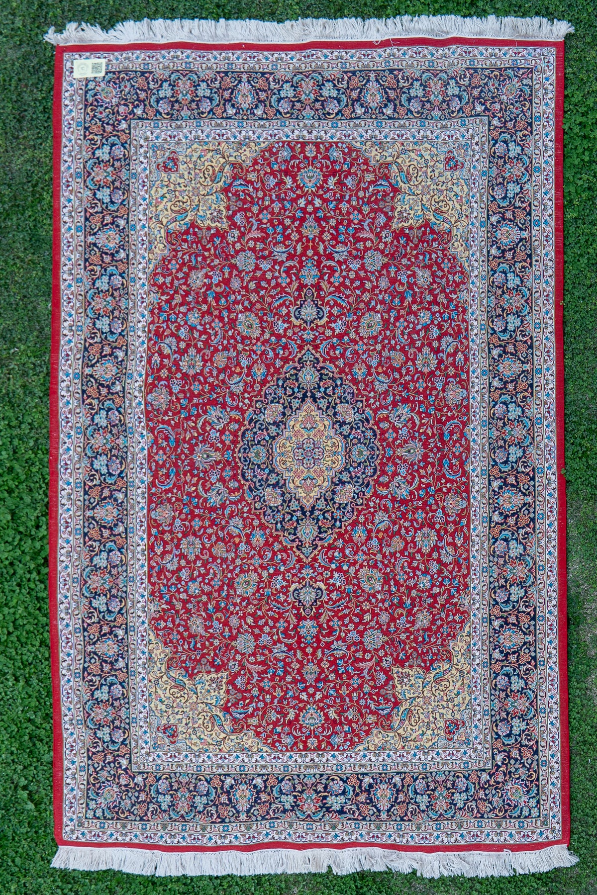 7ft x 5ft: Crimson Royal Bloom: Hand Knotted Mulberry silk on silk Kashmiri Carpet