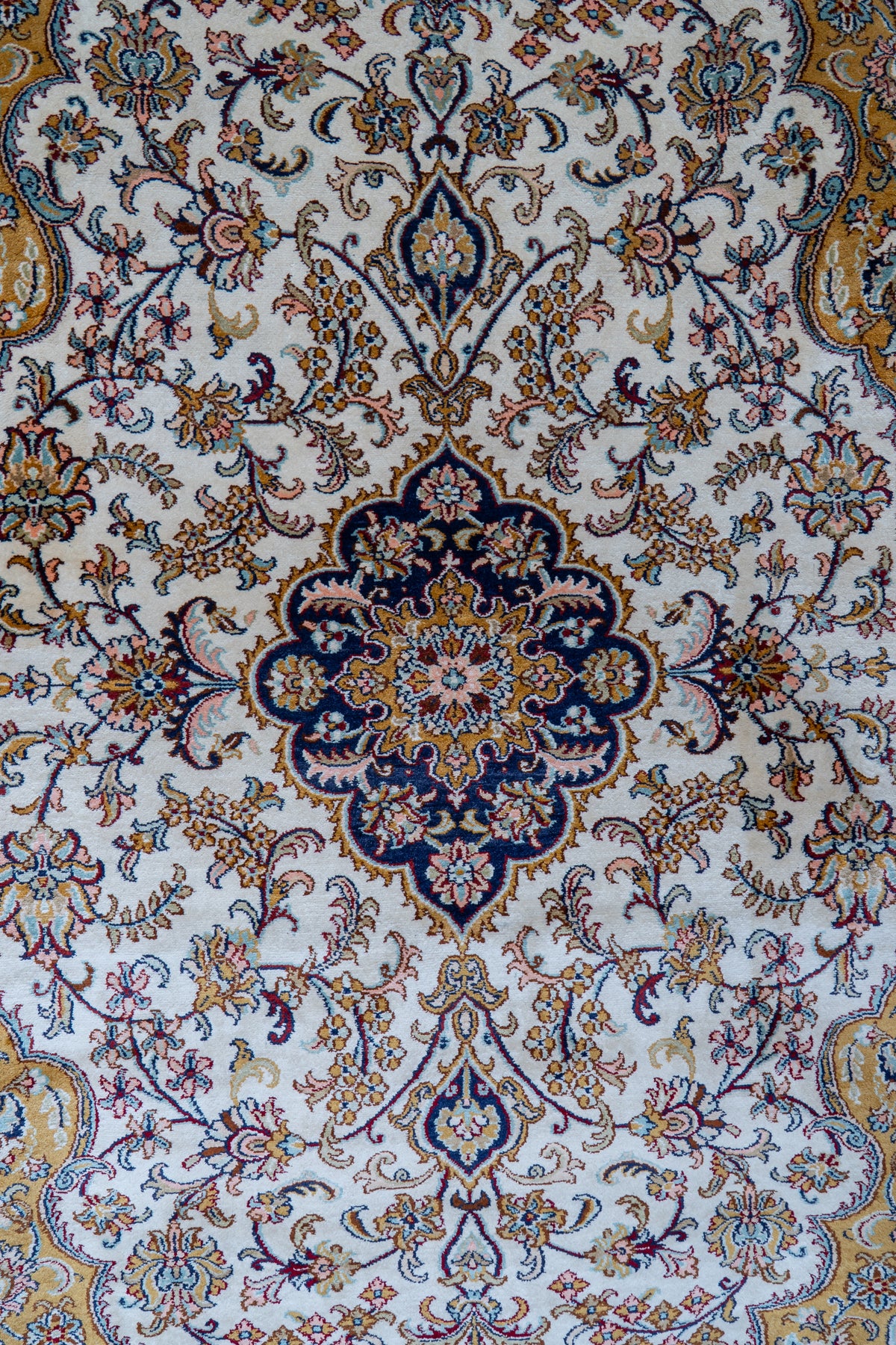 2.5ft x 4ft: Amber Horizon Mosaic: Hand Knotted Mulberry silk on silk Kashmiri Carpet