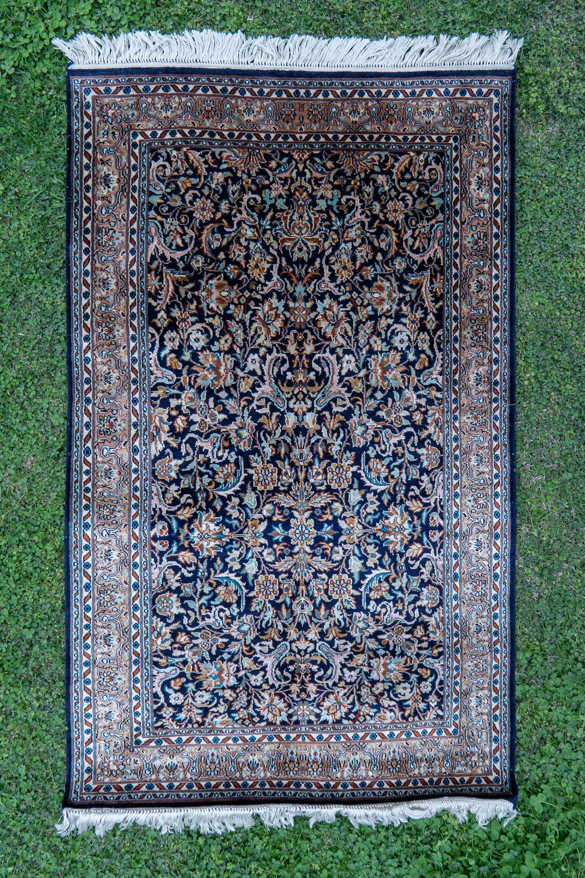 2.5ft x 4ft: Midnight Floral Reverie: Hand Knotted Mulberry silk on silk Kashmiri Carpet