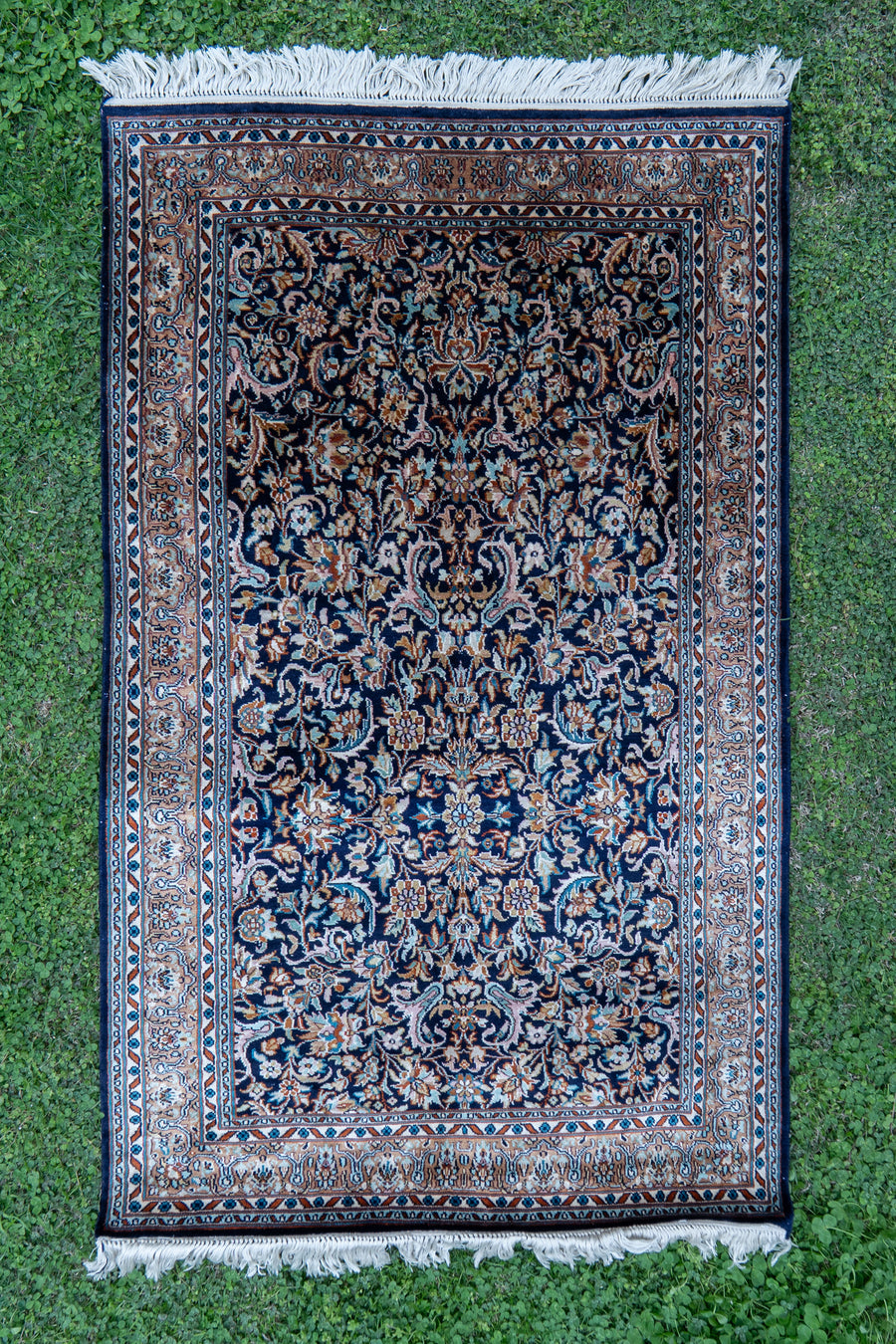 2.5ft x 4ft: Midnight Floral Reverie: Hand Knotted Mulberry silk on silk Kashmiri Carpet