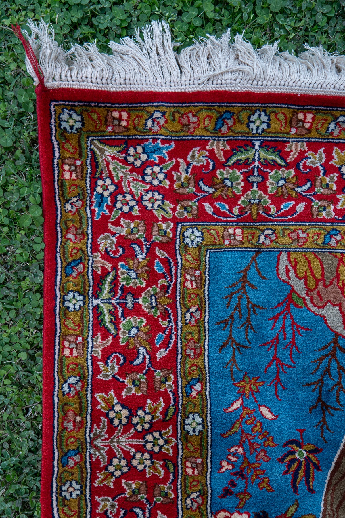2.5ft x 4ft: Crimson Paradise Tree: Hand Knotted Mulberry silk on silk Kashmiri Carpet