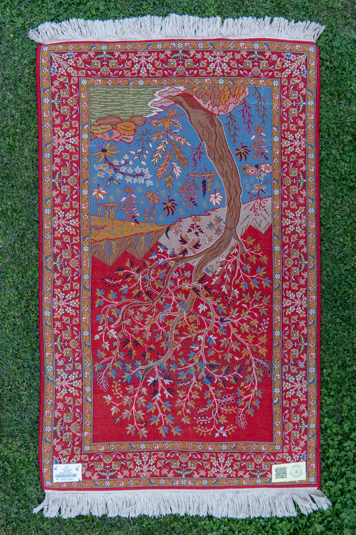 2.5ft x 4ft: Crimson Paradise Tree: Hand Knotted Mulberry silk on silk Kashmiri Carpet