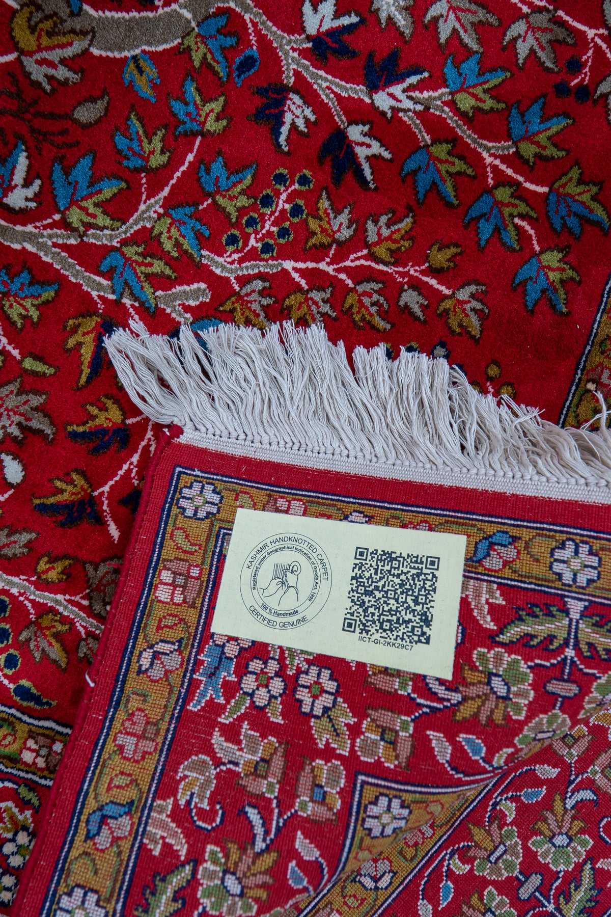 2.5ft x 4ft: Crimson Paradise Tree: Hand Knotted Mulberry silk on silk Kashmiri Carpet