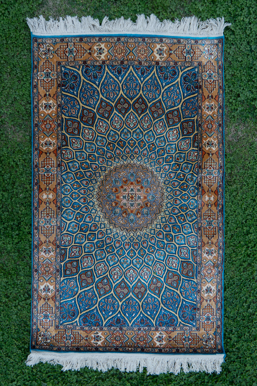 2.5ft x 4ft: Azure Radiance Bloom: Hand Knotted Mulberry silk on silk Kashmiri Carpet