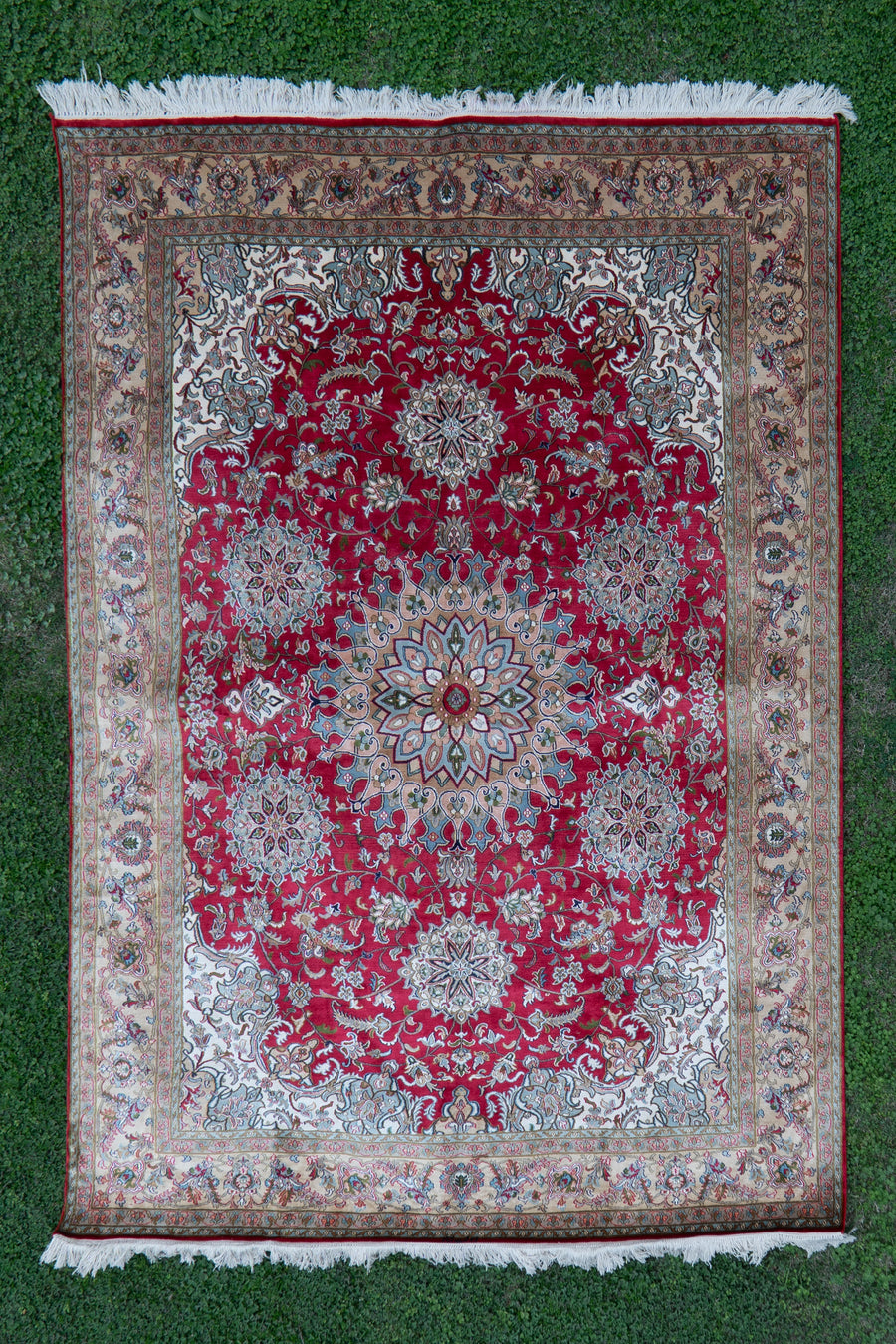 7ft x 5ft: Regal Crimson Medallion Garden: Hand Knotted Mulberry silk on silk Kashmiri Carpet