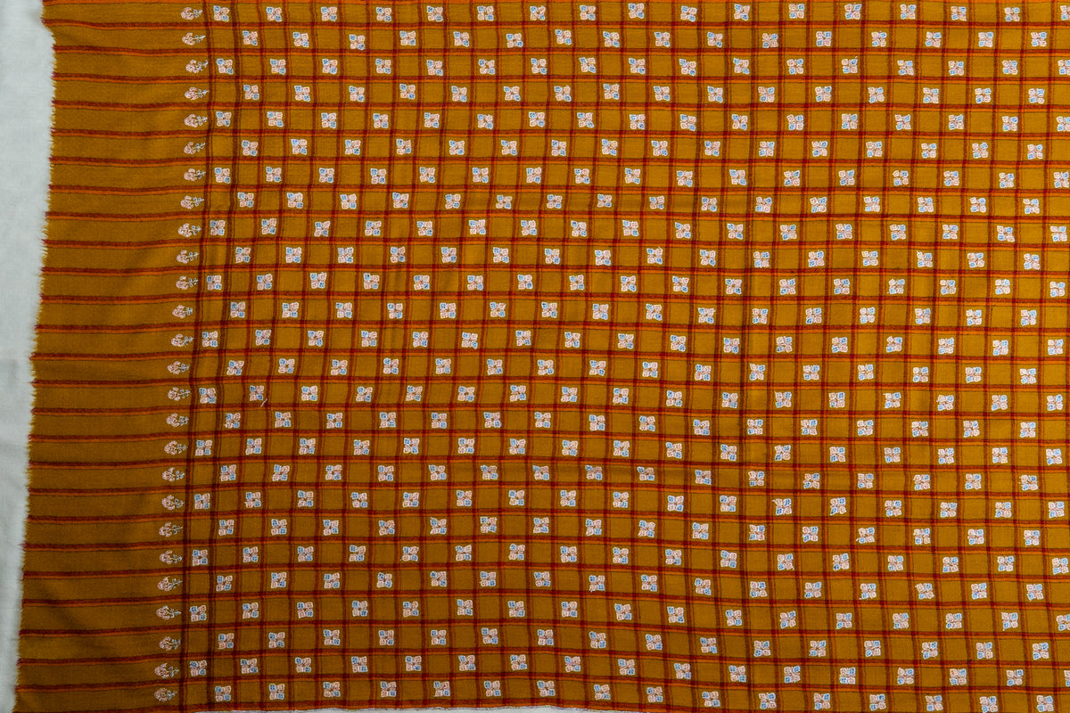 Zarqa – Ochre Checkered Pashmina Shawl with Sozni Embroidery