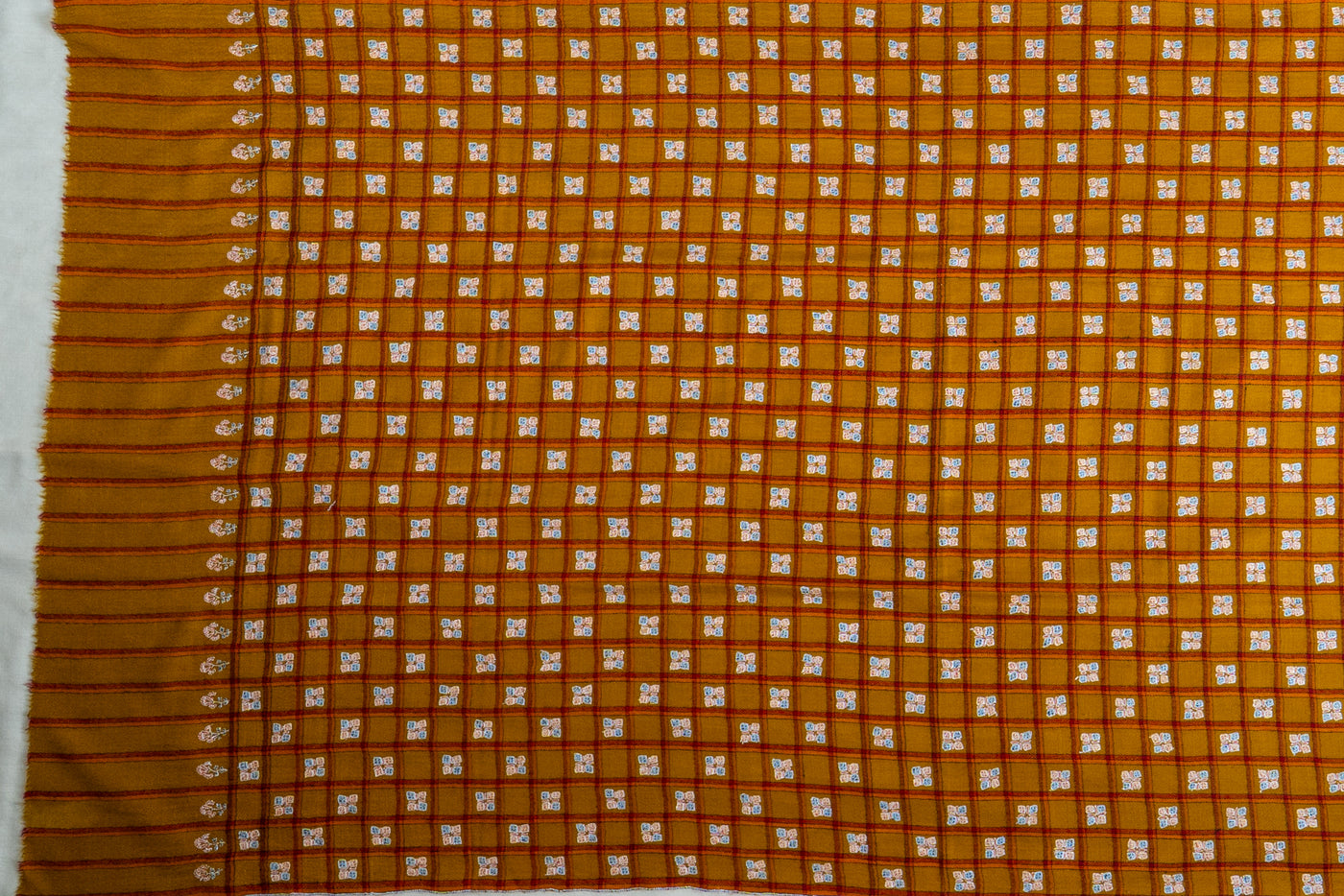Zarqa – Ochre Checkered Pashmina Shawl with Sozni Embroidery