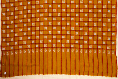 Zarqa – Ochre Checkered Pashmina Shawl with Sozni Embroidery