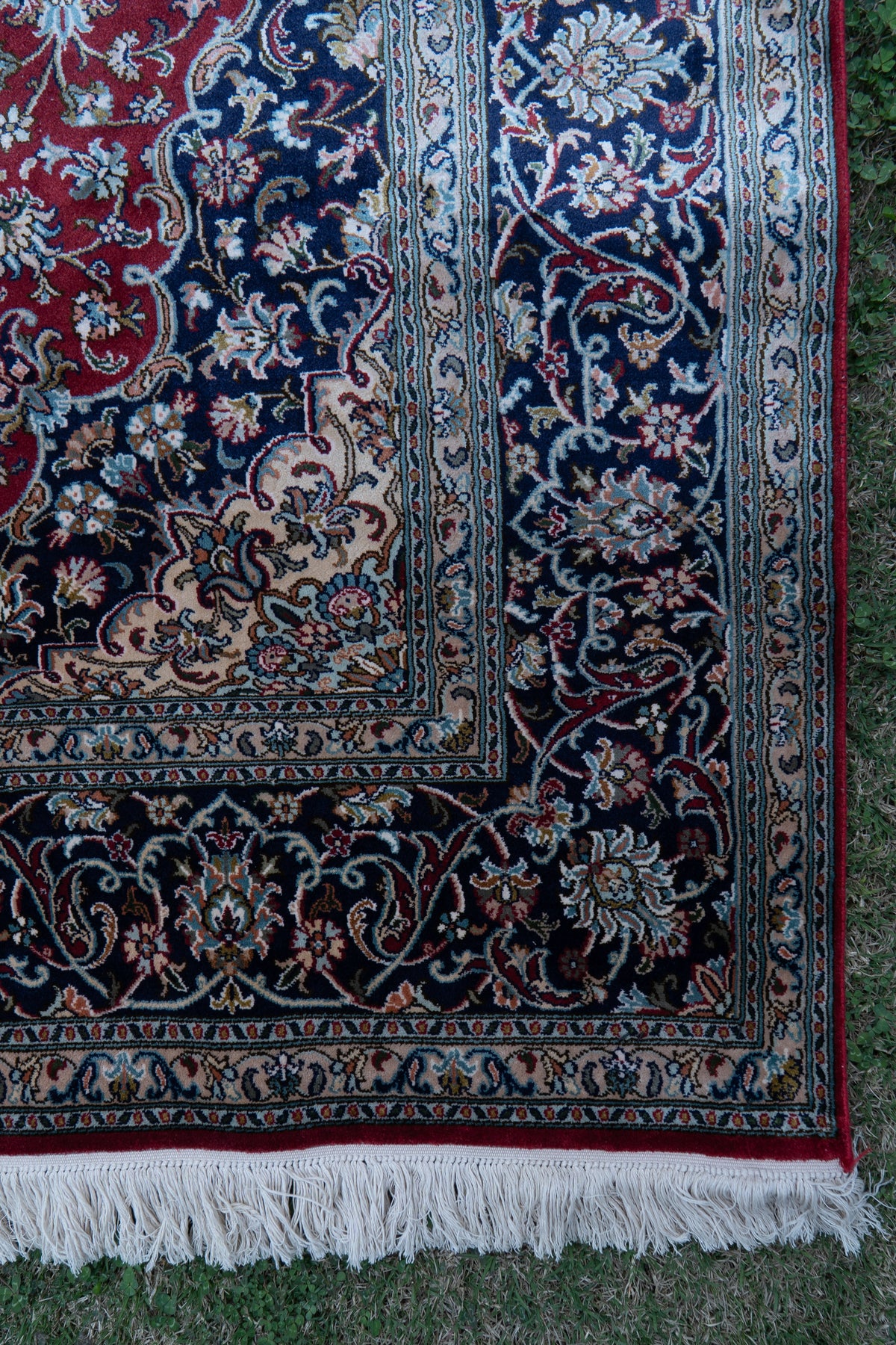 7ft * 5ft: Imperial Ruby Grandeur: Hand Knotted Mulberry silk on silk Kashmiri Carpet