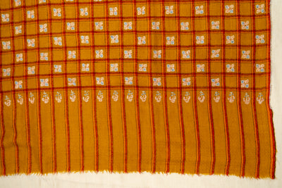 Zarqa – Ochre Checkered Pashmina Shawl with Sozni Embroidery