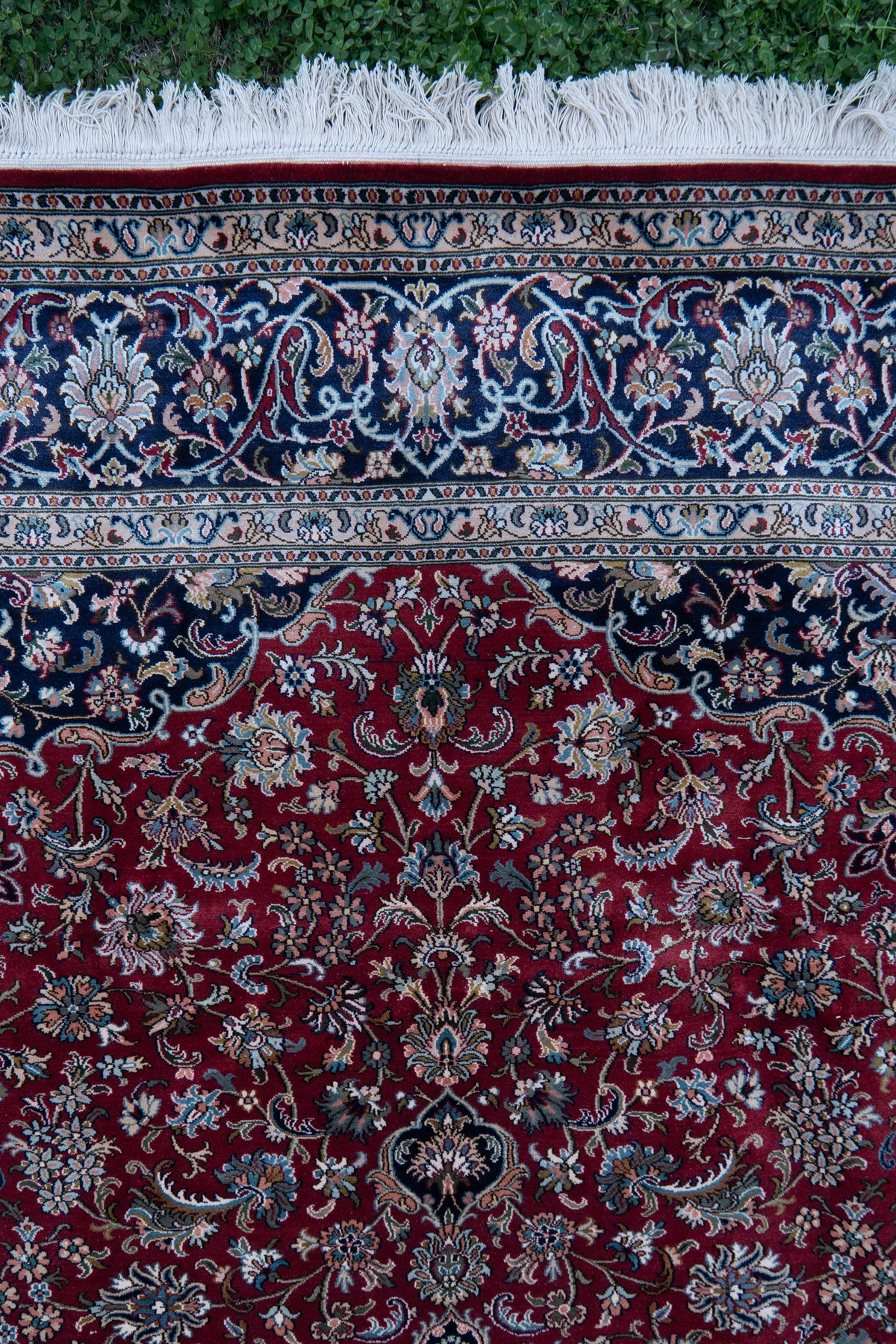 7ft * 5ft: Imperial Ruby Grandeur: Hand Knotted Mulberry silk on silk Kashmiri Carpet