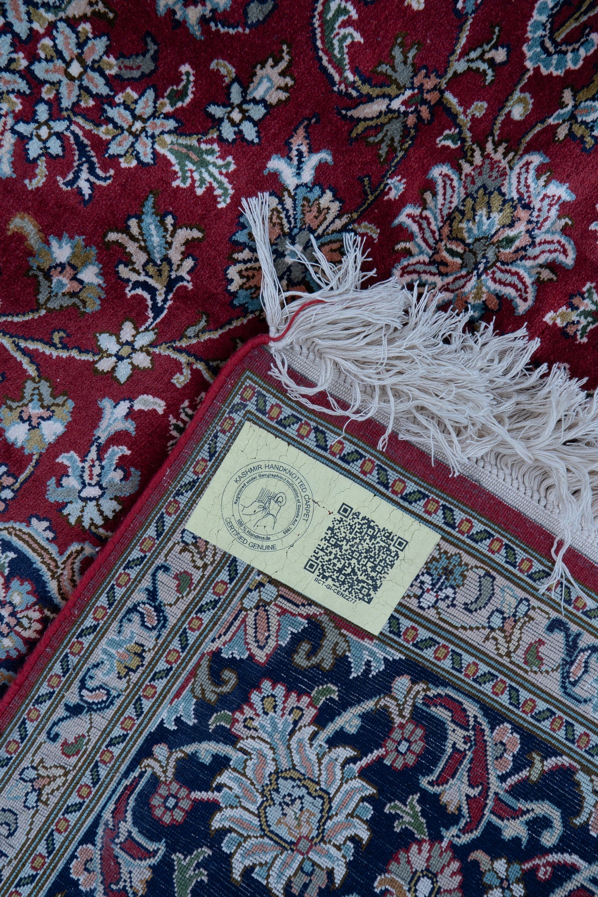 7ft * 5ft: Imperial Ruby Grandeur: Hand Knotted Mulberry silk on silk Kashmiri Carpet