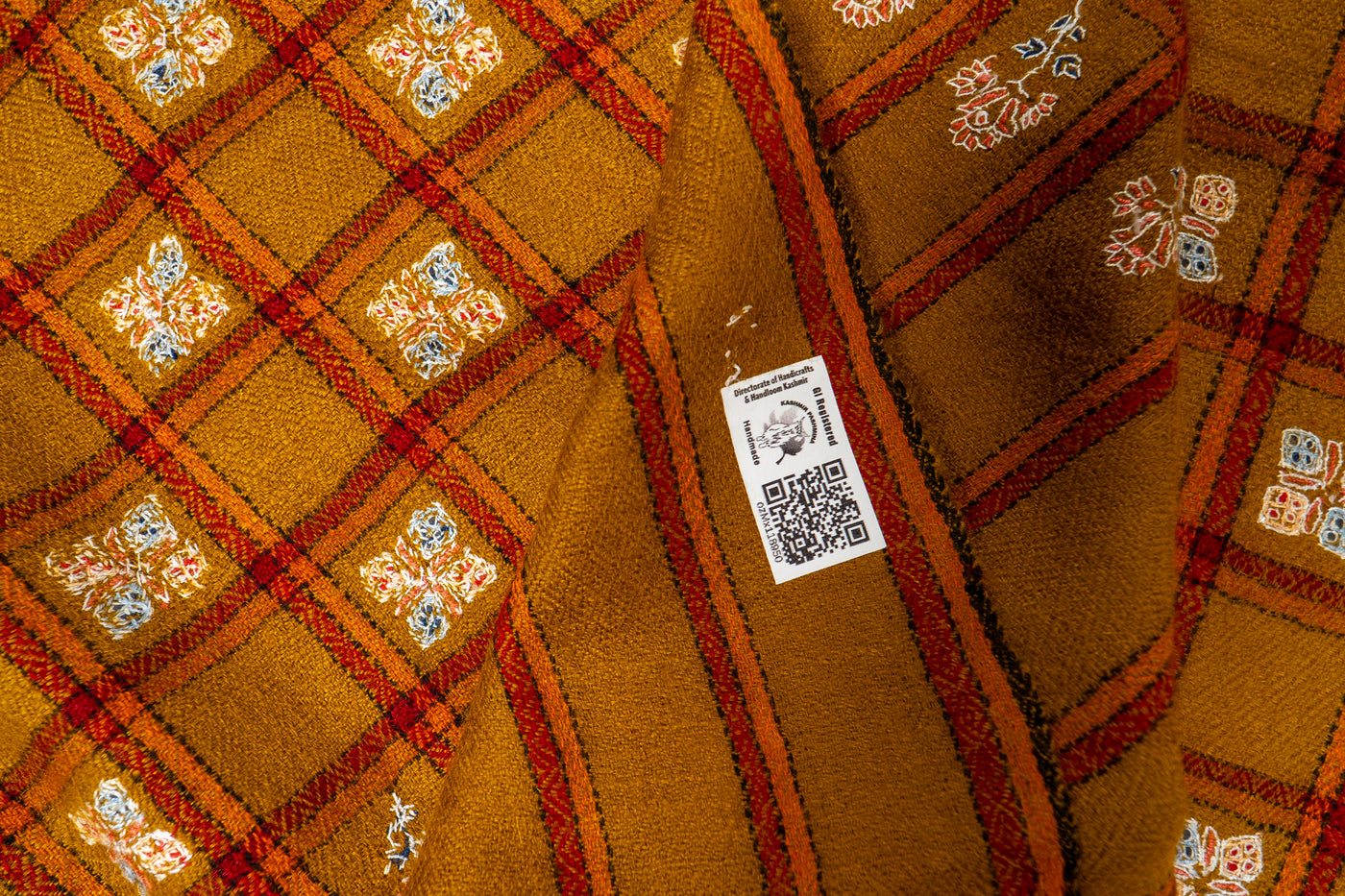 Zarqa – Ochre Checkered Pashmina Shawl with Sozni Embroidery