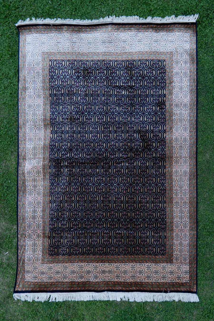 7FT x 5FT Midnight Lattice Harmony: Hand Knotted Mulberry silk on silk Kashmiri Carpet